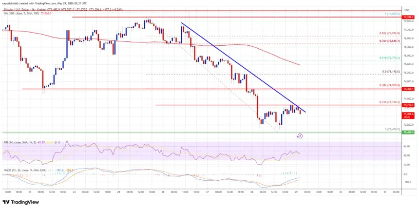 Bitcoin BTC/USD hourly price chart showing recent decline and key levels