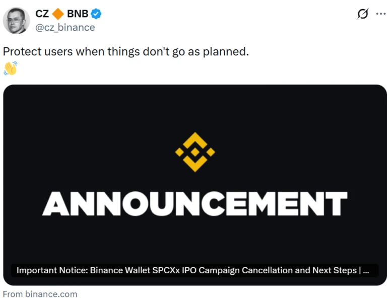 A social media post from former <a href=https://www.menhulian.com/e/public/ClickAd/?adid=3 target=_blank class=infotextkey>Binance</a> CEO Changpeng Zhao regarding the developments.